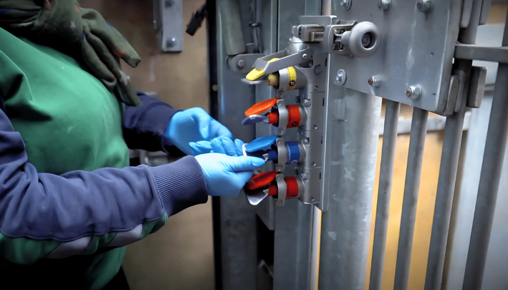 mGard mechanical trapped keys in red, orange, and blue, mounted on a gate, demonstrating advanced safety solutions in a zoo environment.