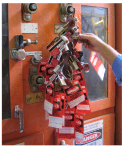 Close-up of padlocks used in a trapped key system.