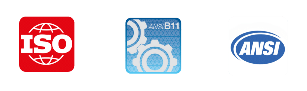 ISO, ANSI/B11 and ANSI machinery safety standards logos in one image.