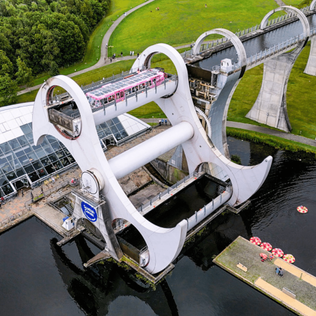 Bird’s-eye view of the Falkirk Wheel rotating boat lift in Scotland