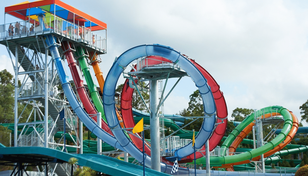 Water slide with safety interlocks, showing Fortress Safety’s unexpected applications in entertainment environments.