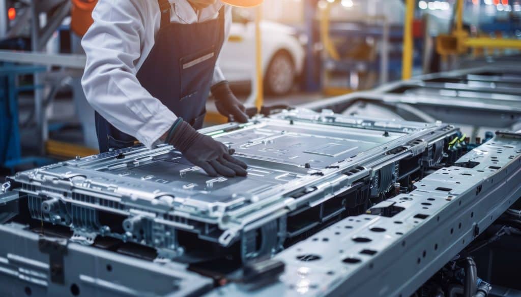 Engineer working on development of electric vehicle battery modules.