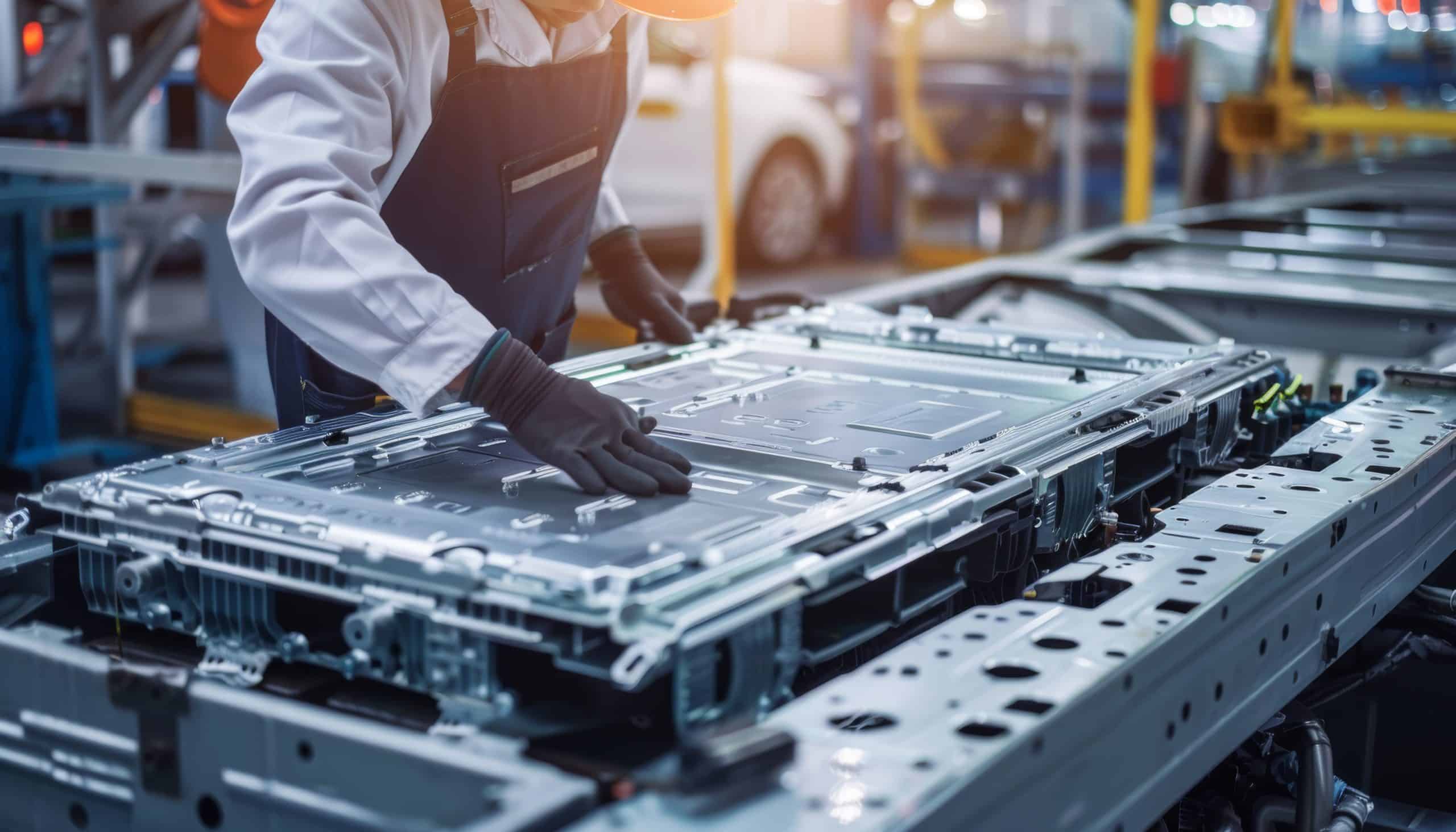 Engineer working on development of electric vehicle battery modules.