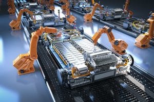 Robot assembly line working with electric car battery cells.