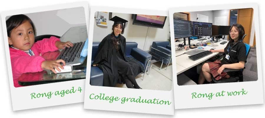 A photo collage showing Rong Shen as a curious 4-year-old, on her university graduation day, and working as a software engineer at Fortress Safety.