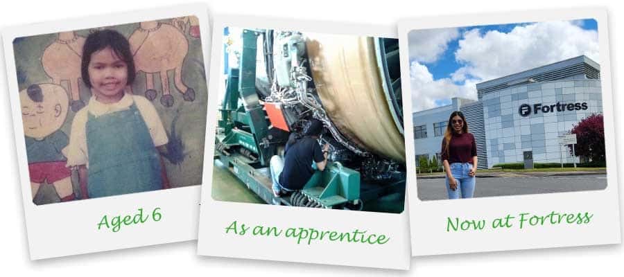 A photo collage showing Warinda Phutthanukun during her studies in Thailand, at her UK graduation ceremony, and working as a manufacturing test engineer at Fortress Safety.