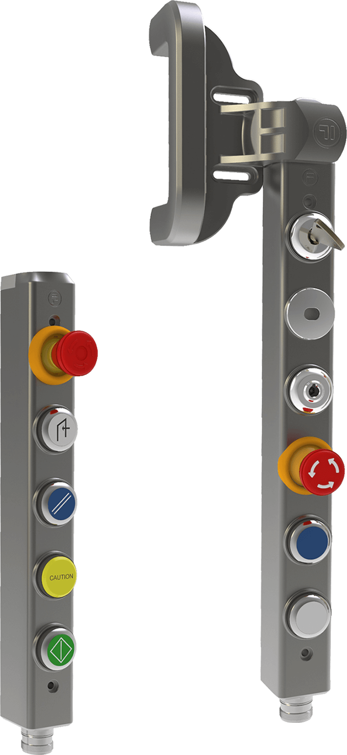 Fortress tGard  gamme, un poste de commande avec estop et d'autres boutons et un gardien interlock avec un clé de sécurité et des boutons de commande intégrés.