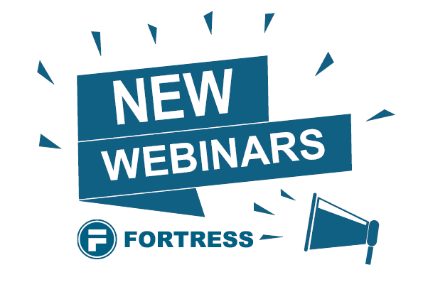 New webinars announcement graphic with white New Webinars text on fortress blue banners and megaphone icon