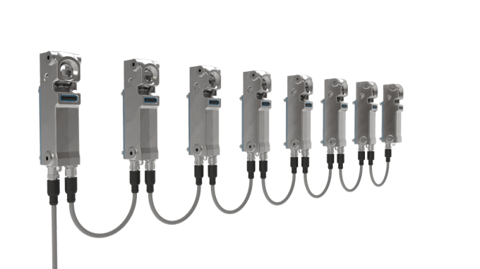 Eight Fortress Hygienic Guard Lock units connected in sequence (daisy chain)