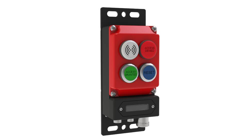 Option pod for ethernet connectivity, with four buttons and mounting plate. Part of the amGardpro range