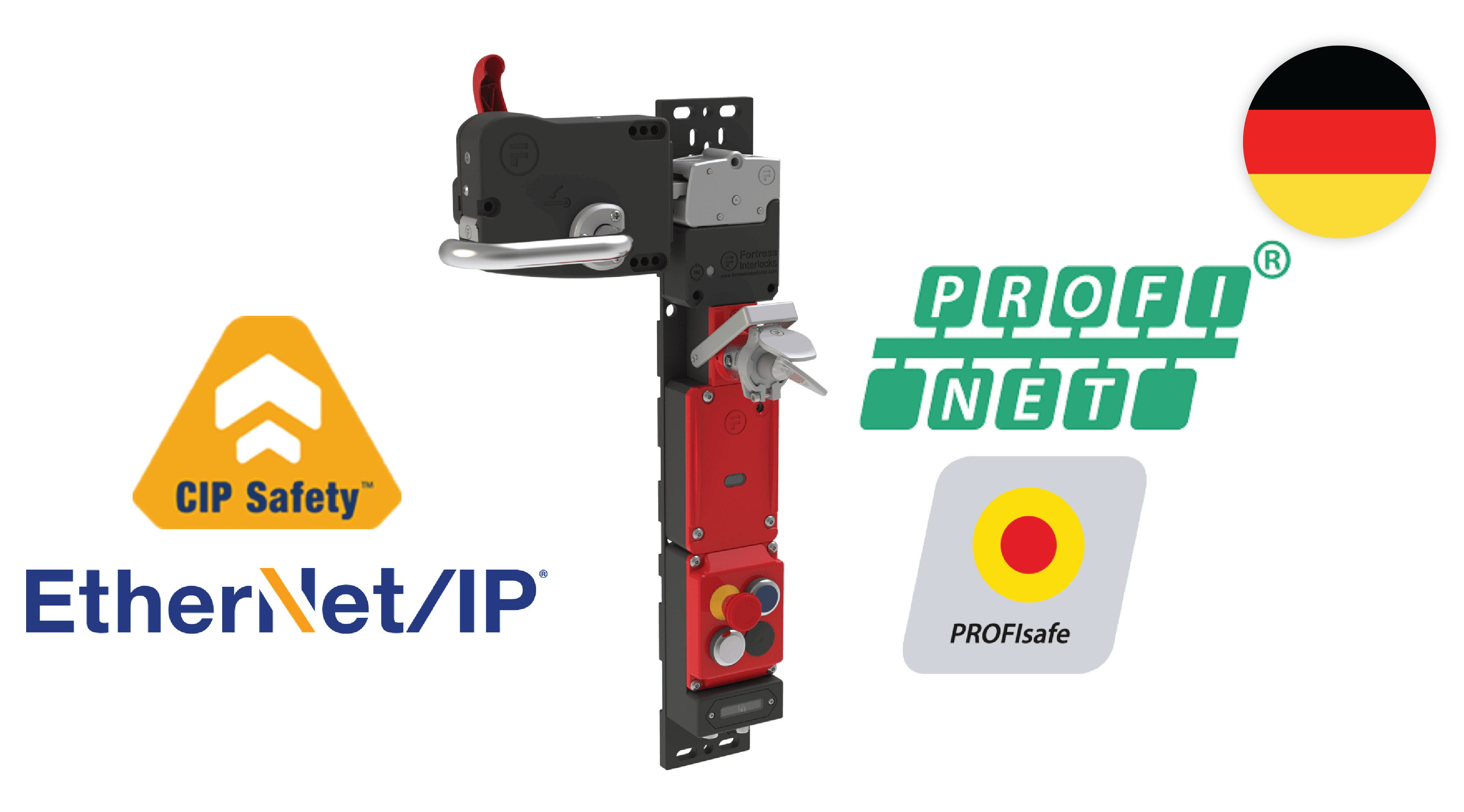 proNet unit with CIP Safety, EtherNet IP, PROFINET & PROFIsafe logos and German flag