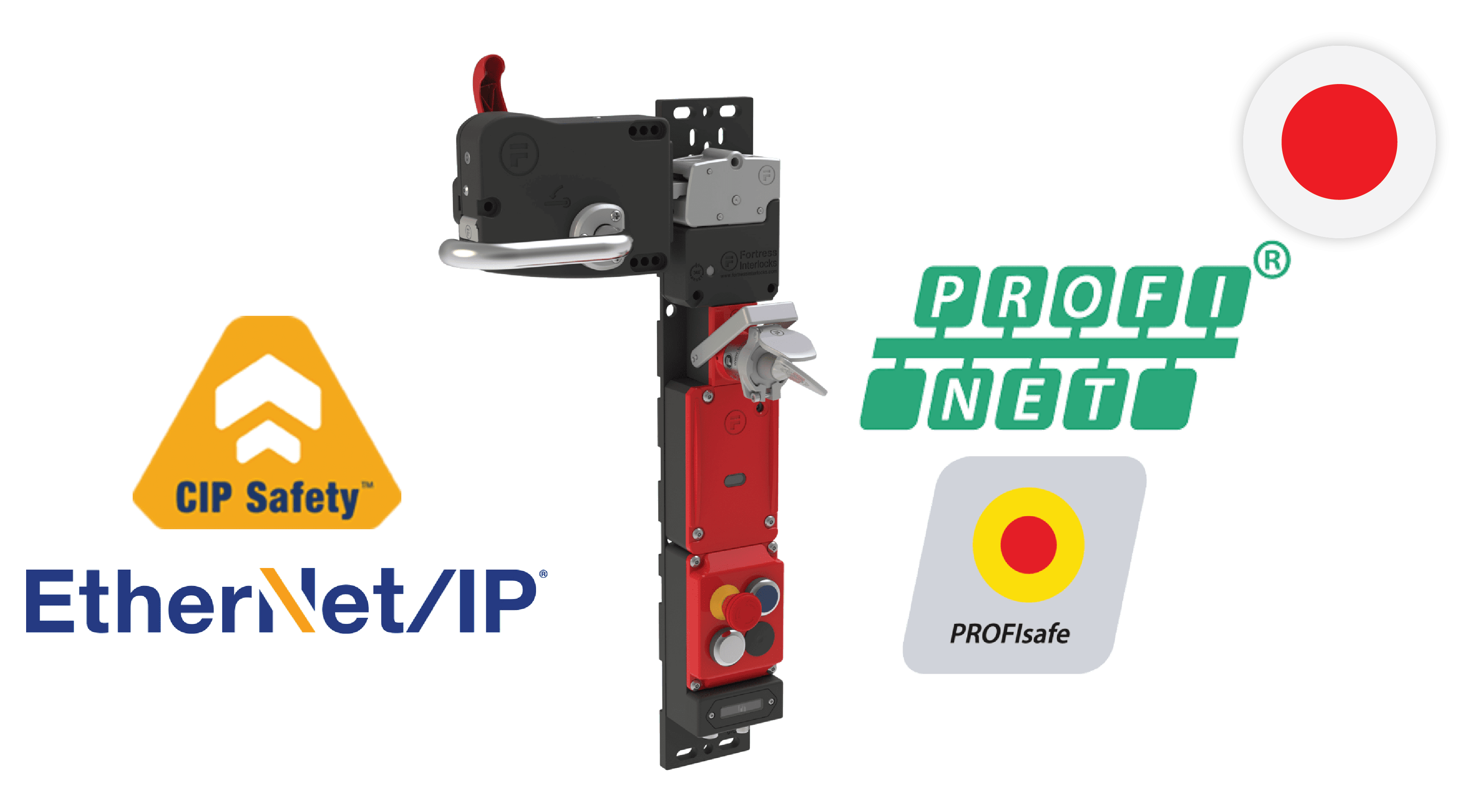 proNet unit with CIP Safety, EtherNet IP, PROFINET & PROFIsafe logos and Japanese flag
